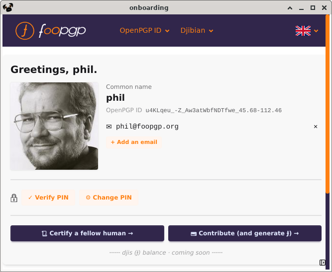 OpenPGP ID card as displayed by Djibian Onboarding