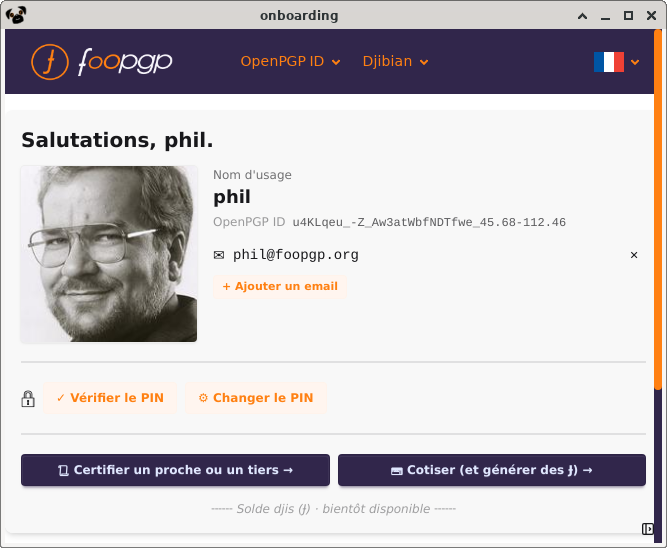 Carte d&rsquo;identité OpenPGP affichée par Djibian Onboarding